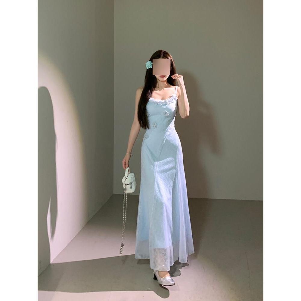 

Темпераментное жаккардовое платье без рукавов, универсальное, повседневное, нежное, ветреное, холодное, уникальное, шикарное, юбка XL- (recommended 110-60kg) синий