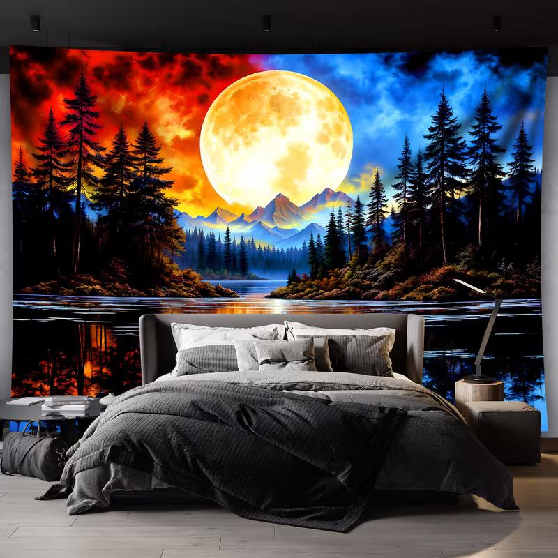 Night Sky Moon View Tapestry Wall Art, Forest Lake Nature Landscape Tapestry for Living Room Bedroom Decor