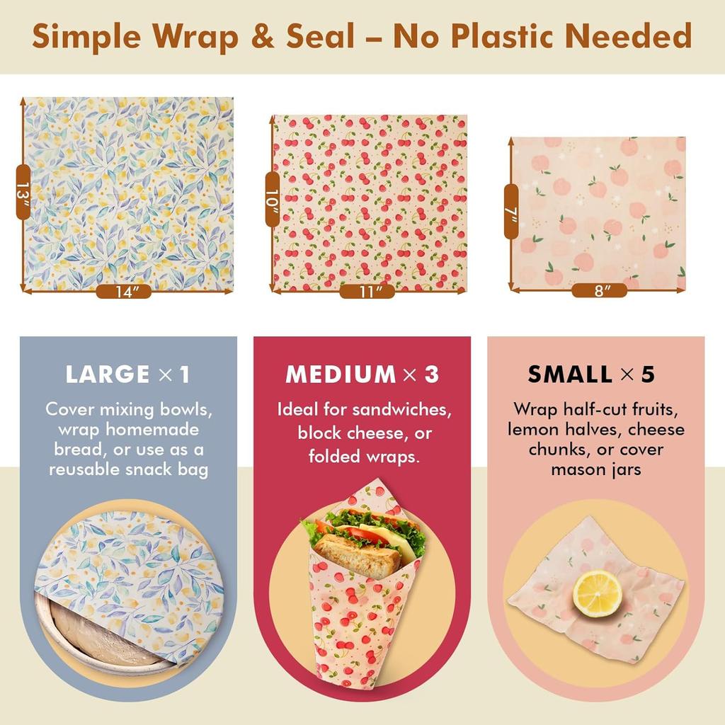 Beeswax Wraps for Food, 9 Pack Reble Bees Wax Wraps, Zero Waste, Food Storage Beeswax Paper, Sustainable Wax Paper(1XL+3M+5S) Food Wrap, Sandwich
