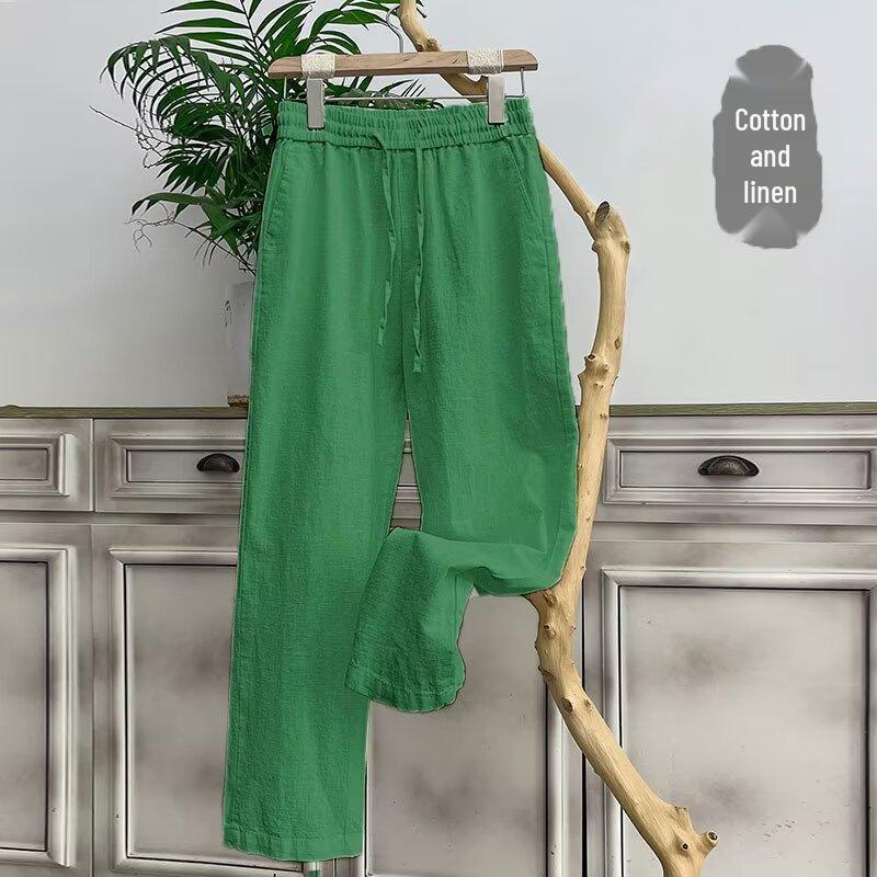 Men s Summer Cotton Linen Wide-Leg Trousers - Loose Fit Casual Pants 2XL зелёный