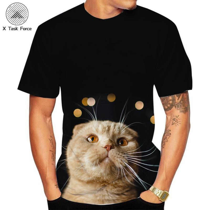 Summer Round Neck 3D Cat Printed Top Fashionable Casual Short Sleeved Men's T-shirts