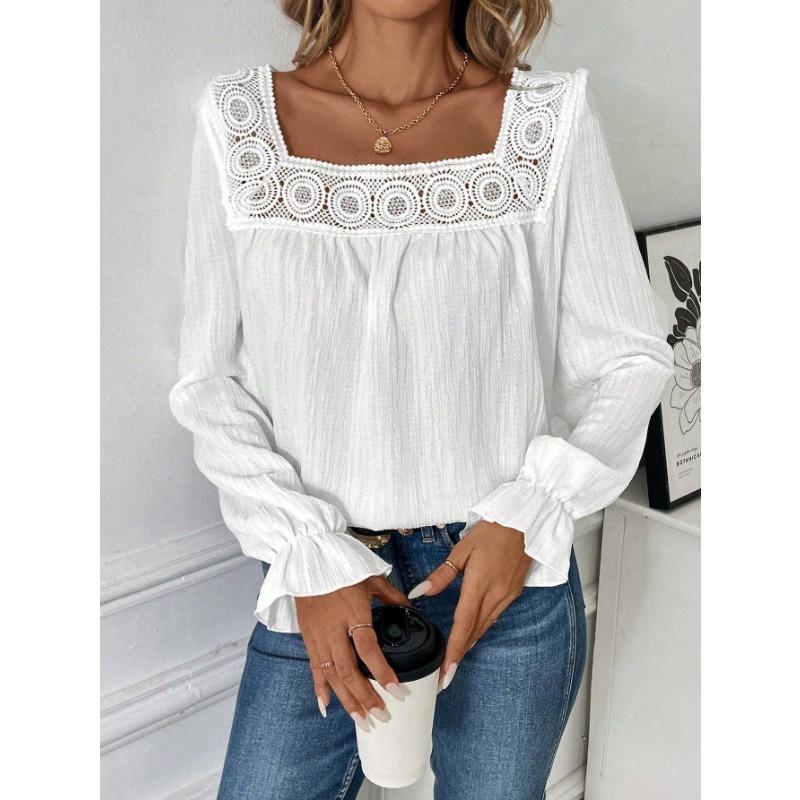 Blusa da Donna con Scollo Quadrato e Bordi in Pizzo, Texture Pieghettata, Maniche Lunghe a Svasatura, Top Casual Monocolore