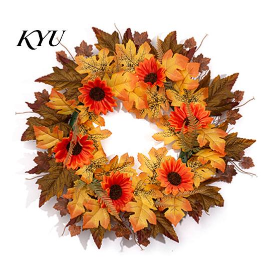 Decorative Door Hanger Fall Sunflower Maple Leaf Wreath with Pumpkin Pinecone, Thanksgiving Harvest Artificial Wreath, Indoor Outdoor Autumn Decor for