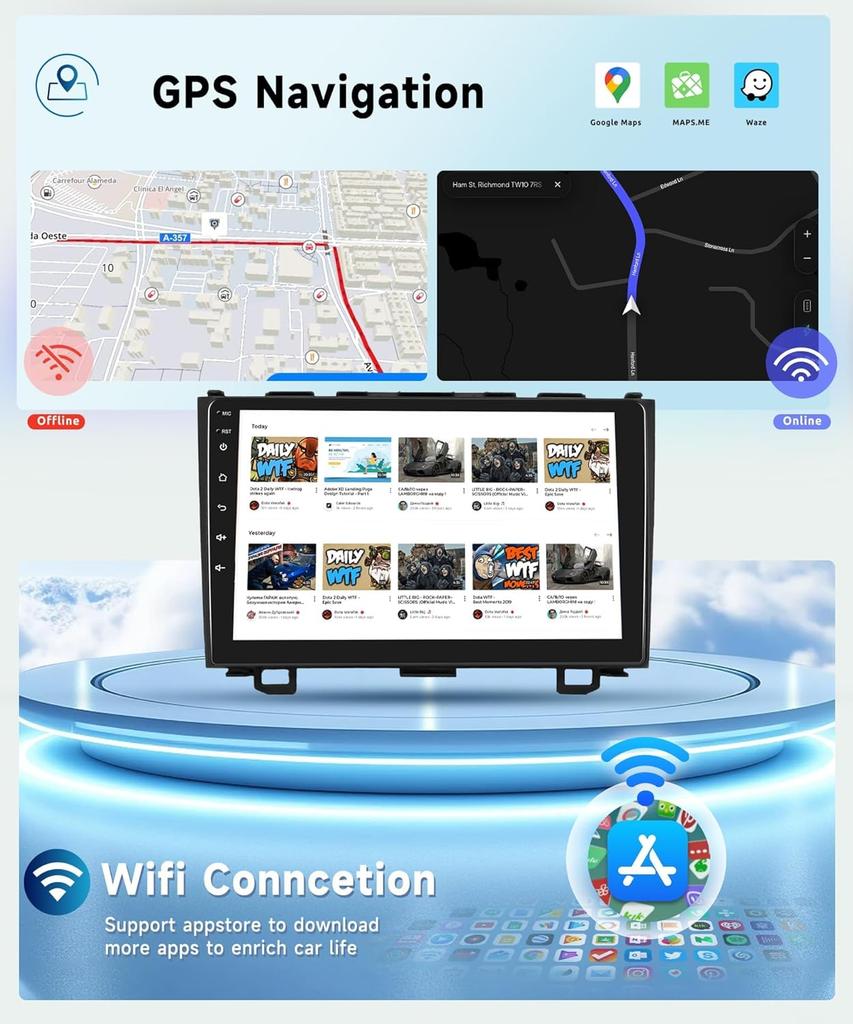 8 CORE 4G+64G Car Radio for Honda CRV 2007-2011, 9' IPS Touch Screen, Android 13, Wireless CarPlay, Android Auto, GPS, WiFi, Blu