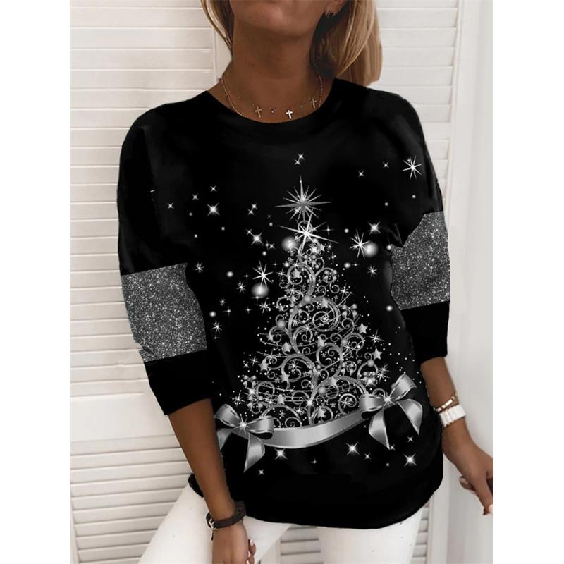 XS-8XL Women's T Shirt Tee Snowflake Sparkly Christmas Tree Christmas Weekend Painting Tee Long Sleeve Print Round Neck Basic