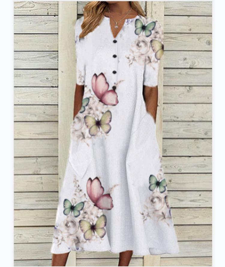 Floral Print V-Neck Mid-Sleeve Casual Dress with Pockets, Button Front, Loose Fit - White/Light Blue/Pink