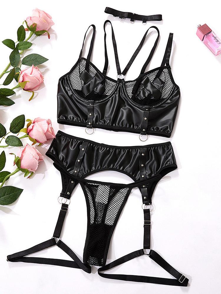 New American Sweet Girl Plus Size Sexy Black Pu Leather Fishing Net Perspective Women Rompers Three-Point Fashion Bodysuits 0E1J