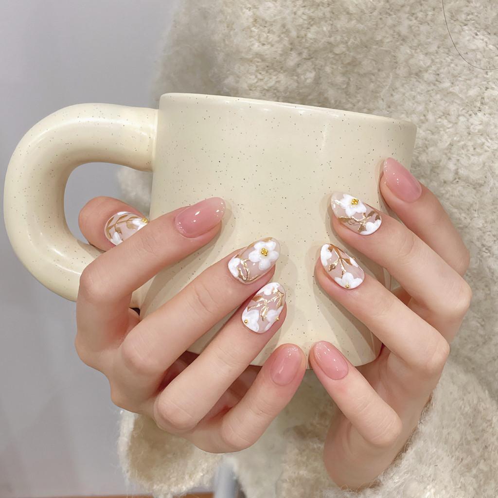 100% HANDMADE Oval Shape Fake Nail With Glue Gentle Temperament of Golden Flowers Acrylic Press On Artificial Fake Nails Reusable Nails