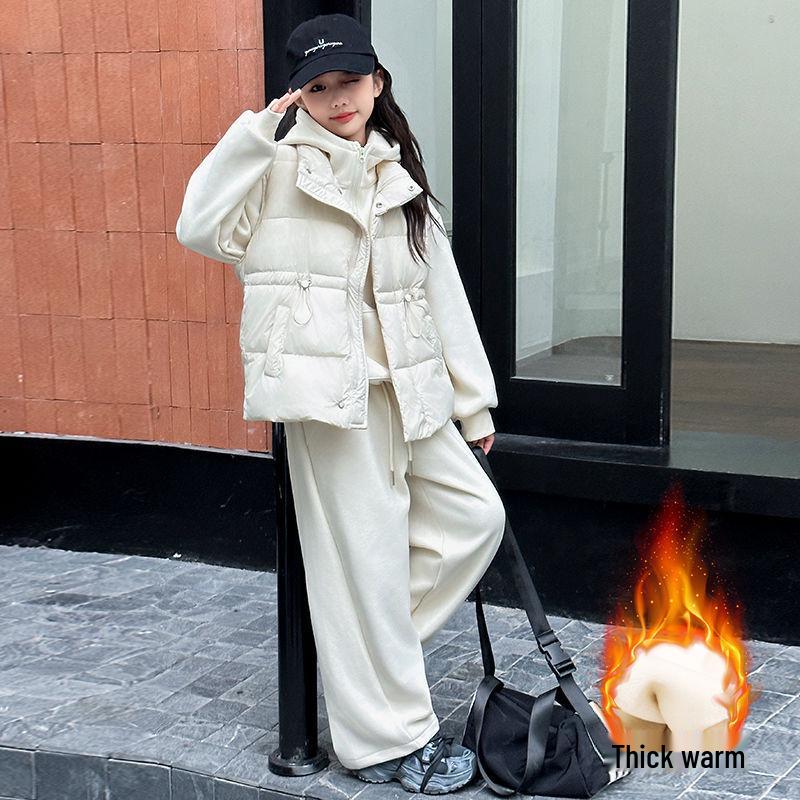 Girls' Fleece-Lined Sweatshirt Three-Piece Set - 2024 Autumn/Winter Trendy Casual Sportswear