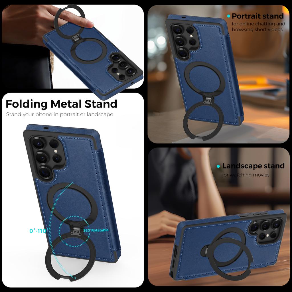 For Samsung Galaxy S25 Ultra Magnetic Case RFID Blocking Leather Wallet Cover with Rotating Ring Kickstand