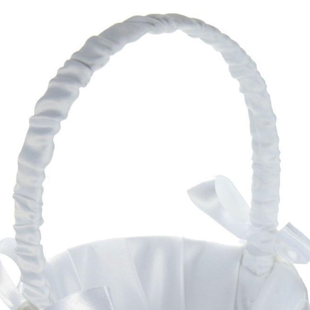 White Flower Girl Basket Bowknot Satin Cloth Baskets with Bowknots and Pearls Decor for Wedding Ceremony Party