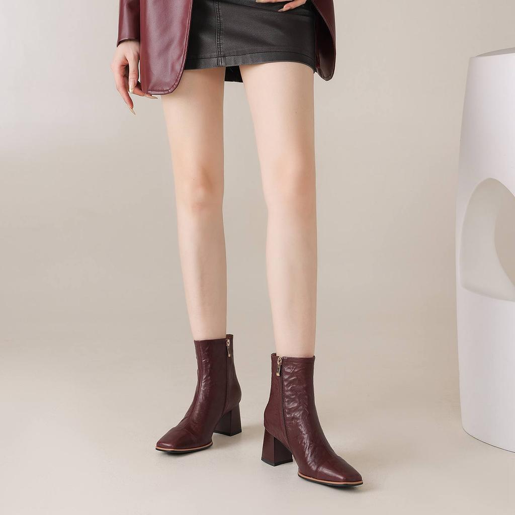 Krazing Pot Sheepskin Autumn Winter Shoes Thick High Heels Big Size 43 Modern Boots Square Toe Keep Warm Zip Pleated Design Ankle Boots