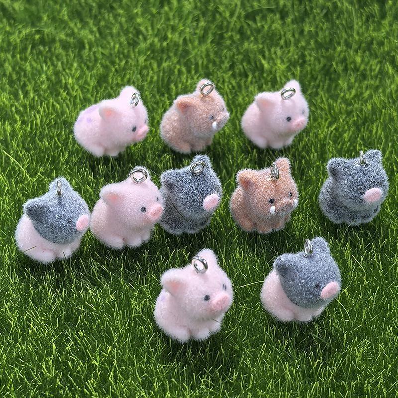 2Pcs Adorable 3D Mini Flocking Pig Charms Soft Flocked Piggy Pendants for DIY Jewelry Making Kids Art Craft Projects
