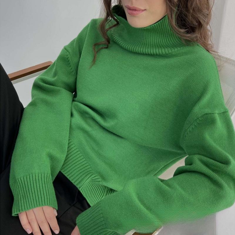 Warm Elastic Sweaters Autumn Winter Women's Turtleneck Knitted Sweater Oversize Long Sleeve Loose Pullover Tops Streetwear Soft