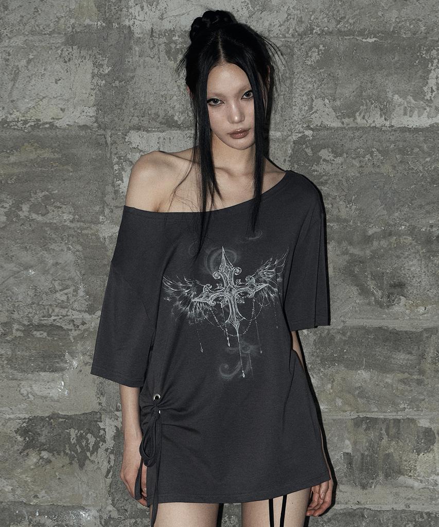 Aejeuyua Kitsch Eyelet Oversized T-Shirt Charcoal