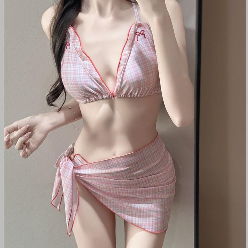 Korean Ins Style Swimsuit Women's Split Plaid Bikini Thailand Hot Three-piece