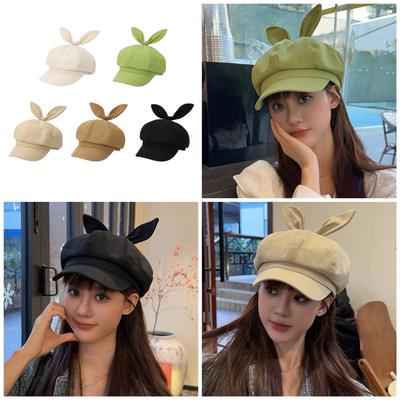 Girls Subculture Beret Versatile Painter Hat with Rabbits Ear for Daily Wear