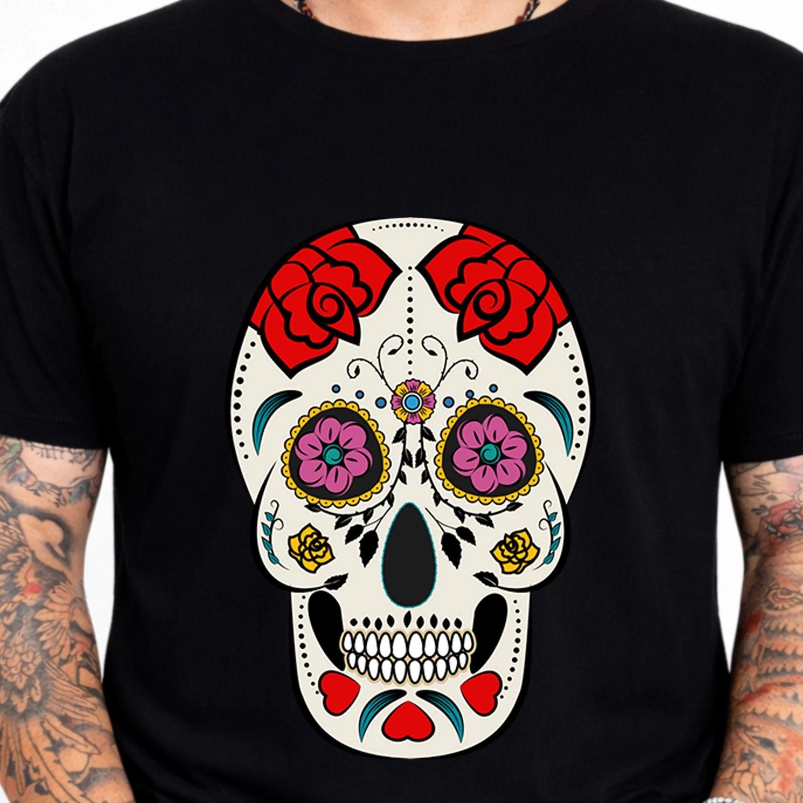 Sugar Skull Red Rose T-Shirt Day of the Dead Floral Gothic Skull Gift Tee Top. XXL