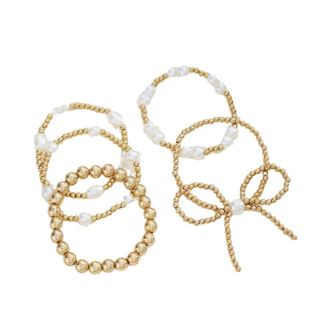 Bow Bracelet for Women Stackable Gold Bowknot Ribbon Beaded Bracelet Sets
