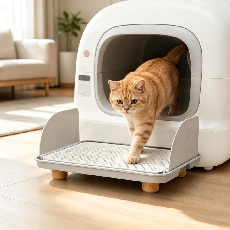Pet Litter Tray Step with Perforated Top and Entry Platform, Side Guards and Wooden Legs for Kittens Senior Cats Home Daily Y5GB