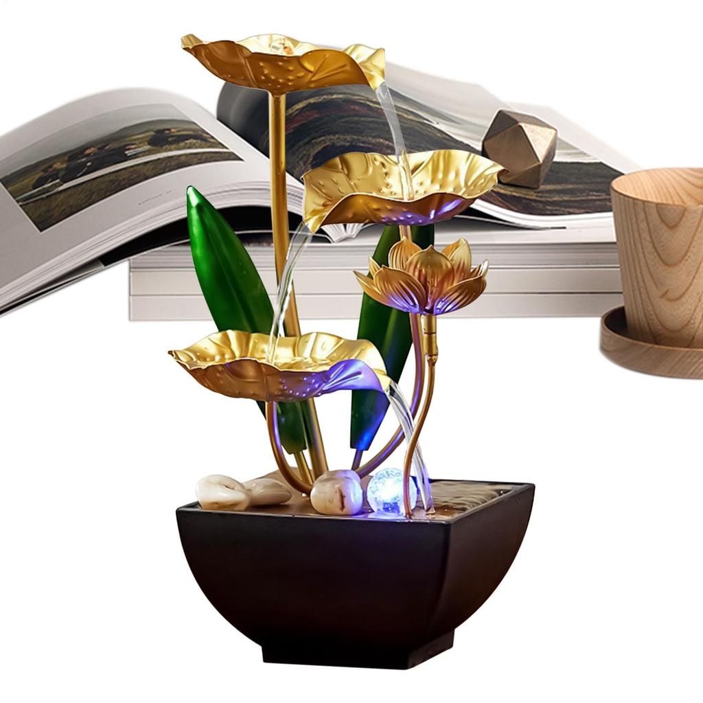 Lotus Leafs Waterfall Fountain Ornament Zen Relaxation Soothing Led Light Desk Water Fountain With Stream Sounds For Bedroom