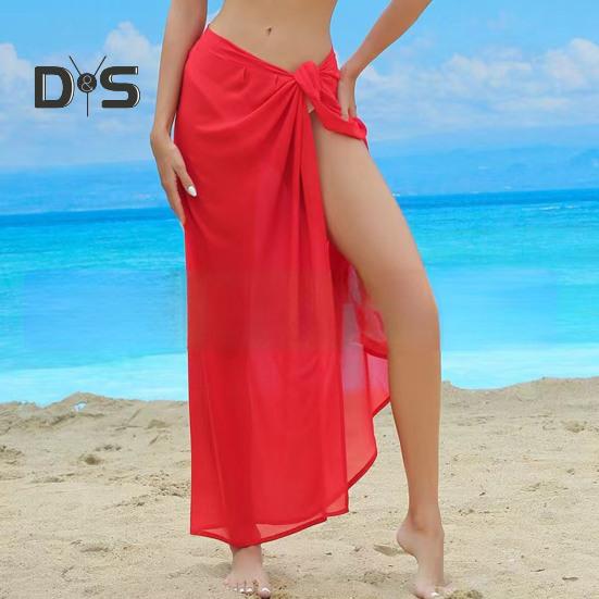 Women Beach Skirt Lace-up Solid Color See-through Thin Quick-Drying Flowy Skirt Sun Protection Bikini Cover Up