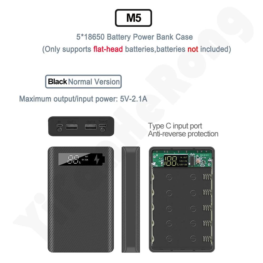 5*18650 Power Bank Case Dual USB For Mobile Phone Charger DIY Shell 18650 Battery Holder Charging Box With LED Flashlight