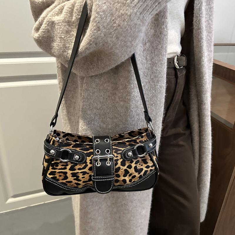 Retro Belt Buckle Leopard Print Casual Single Shoulder Autumn Winter New Style Fashion Rivet Large Capacity Underarm Bag. KTB