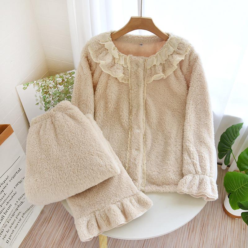 

Новый женский зимний пижамный комплект из кораллового флиса, утолщенный флис, большой размер, женская однотонная домашняя меховая пижама с круглым вырезом и пуговицами XL зелёный