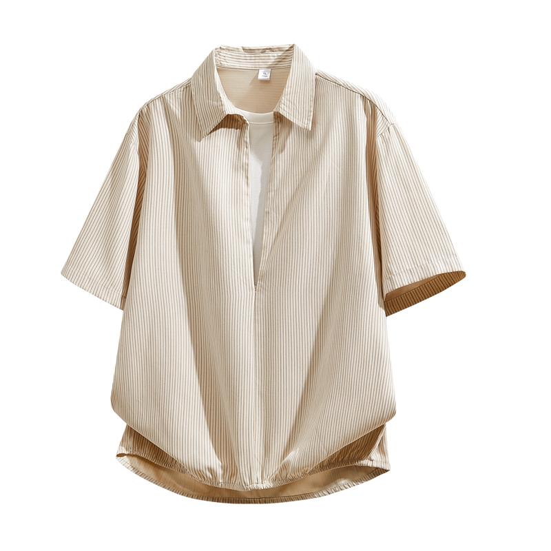 Shirt Casual Loose Contrast Color Splicing Jacket Short Sleeve Shirt 2XL хаки