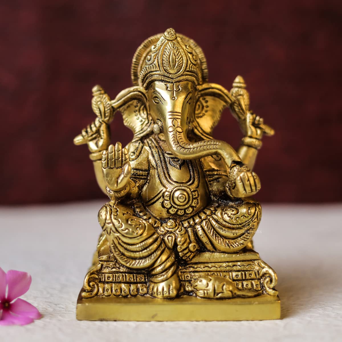 

Lord Ganesha Brass Idol, Murti Showpiece For Home Pooja Decor, Gold, Brass