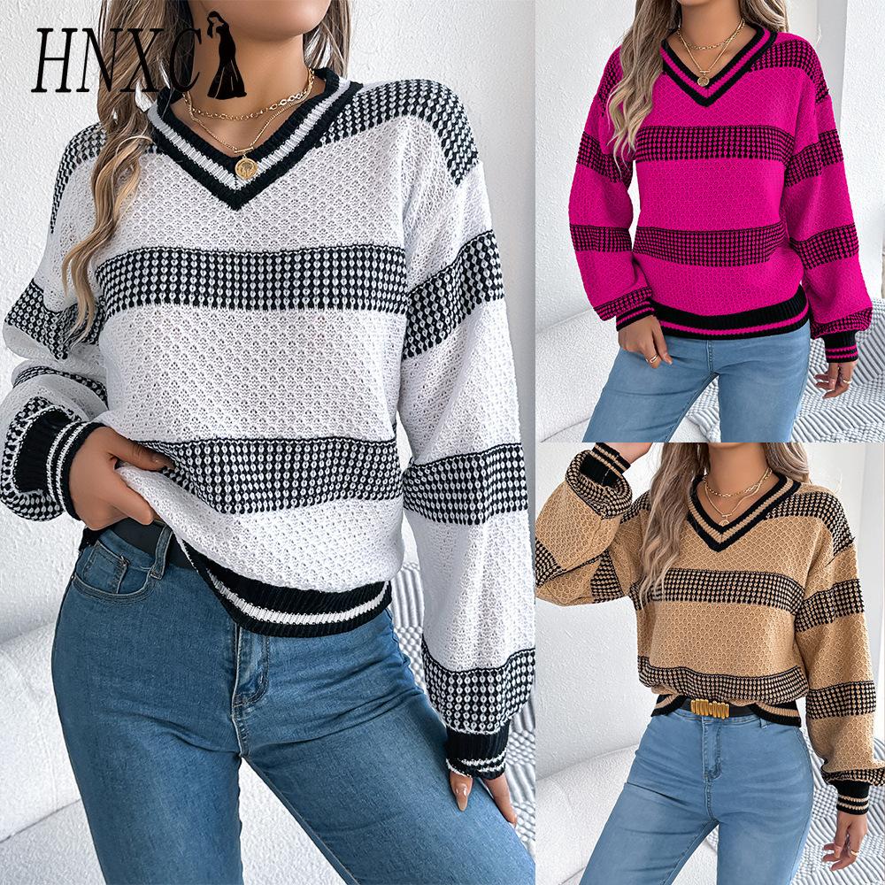HNXC Autumn Winter V-neck Contrasting Color Striped Lantern Long-sleeved Pullover Sweater Women's Wear