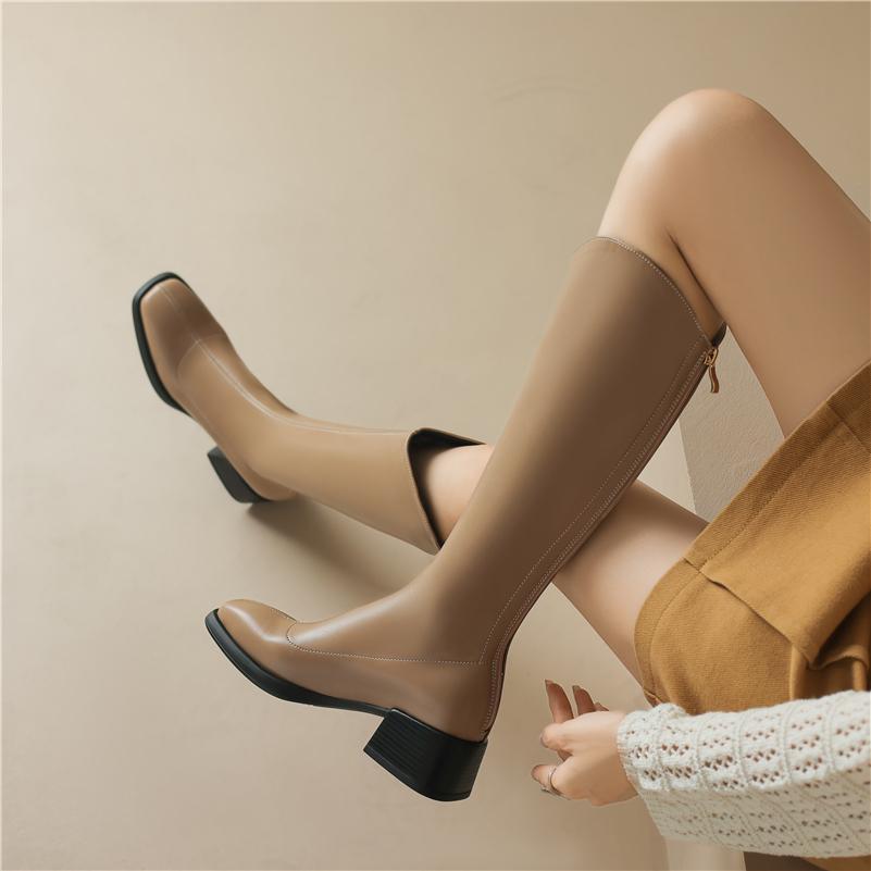 FOREADA Women Knee High Boots Square Toe Thick Mid Heels Long Boot Zipper Western Gogo Boots Lady Fashion Shoes Autumn Winter 43