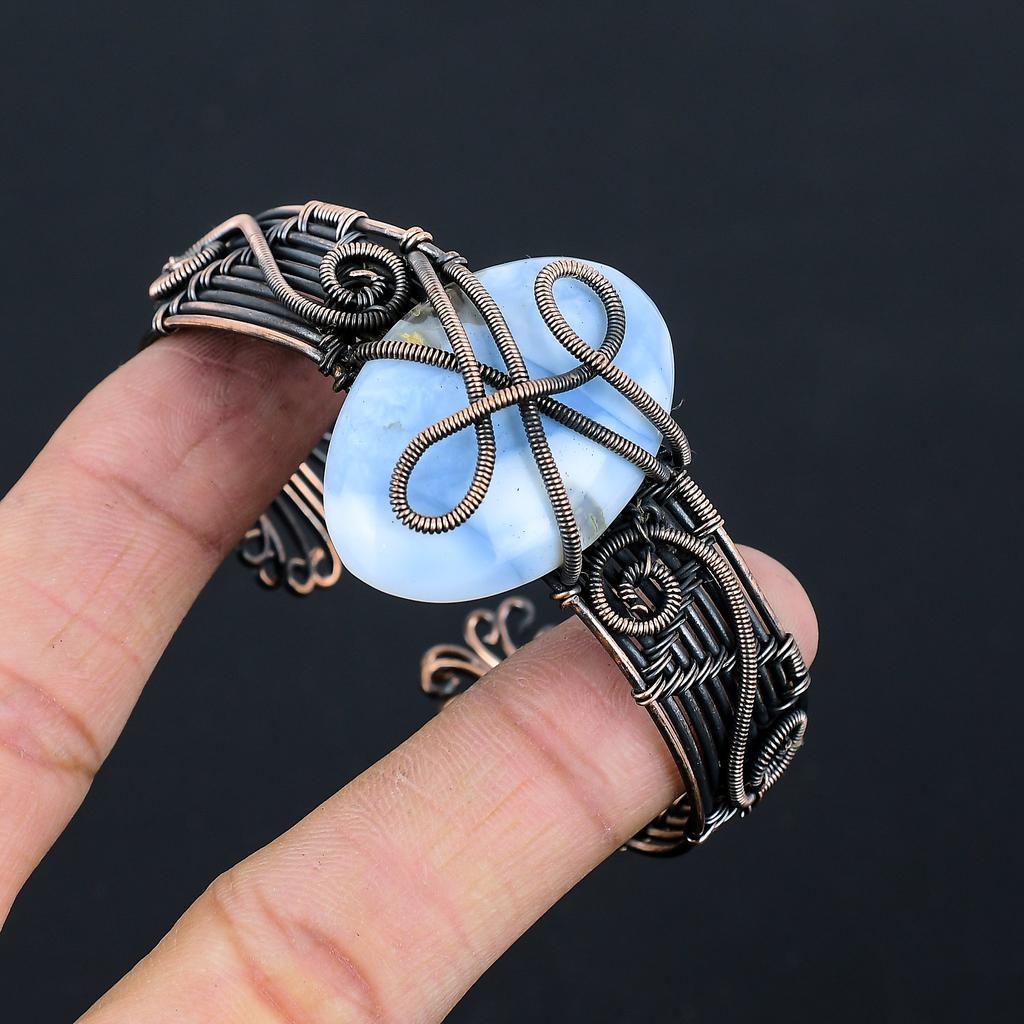 Owhyee Blue Opal Handmade Copper Wire Wrap Bangle Adjustable E6i14