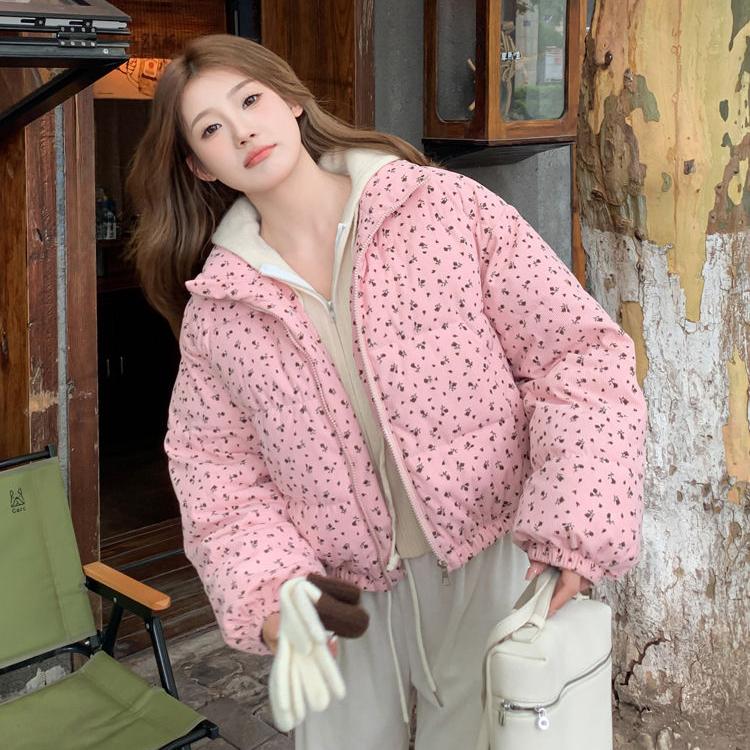 Loose-Fit Winter Coat with Floral Prints - Thickened and Warm Cotton Jacket for Women