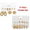 11 Pairs Combo Set Celebrity Inspired Latest Trendy Stylish Gold Plated Geometric Twist Pearl Hoop Dangle Earrings for Women and Girls