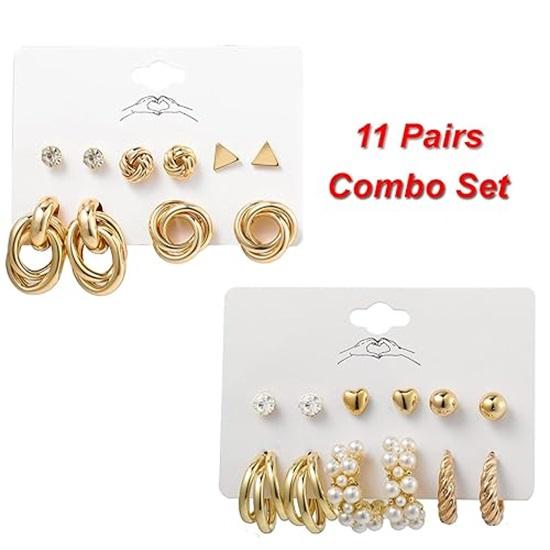 11 Pairs Combo Set Celebrity Inspired Latest Trendy Stylish Gold Plated Geometric Twist Pearl Hoop Dangle Earrings for Women and Girls