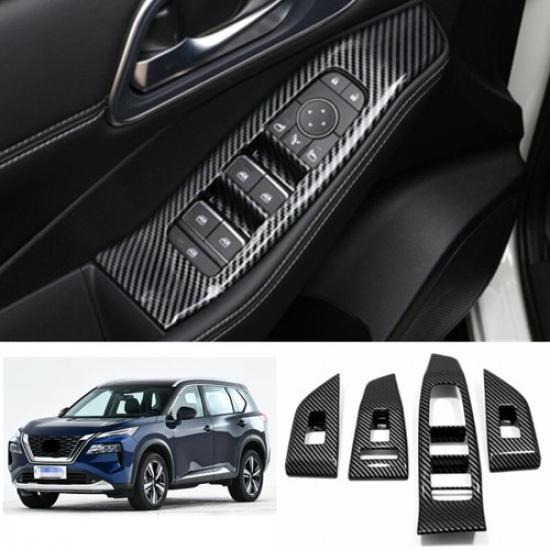 Carbon Fiber 4X Window Lift Switch Panel Cover Trim For Nissan Rogue 2021 2022