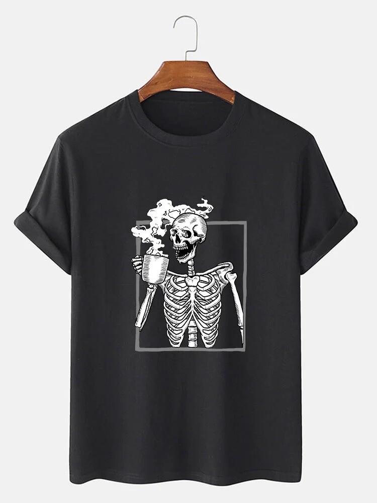 Grateful Skeleton Drinking Coffee Funny T-Shirt Size Medium Halloween S