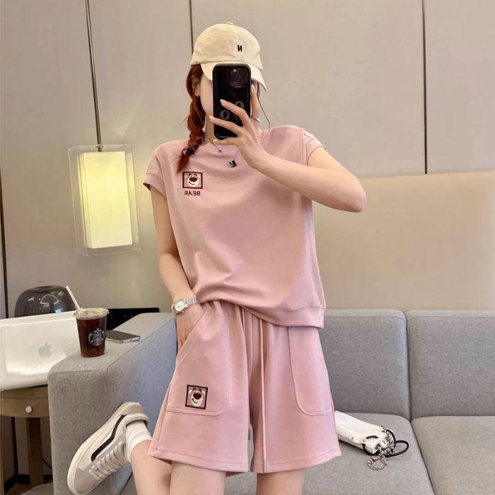

Women s Casual Summer 2024 Two-Piece Sportswear: Loose Short Sleeve Top & Shorts Set L розовый