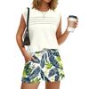 Women’s Casual Round Neck Pleated Top and Hawaiian Print Shorts Two Piece Set Sleeveless Relaxed Fit Summer Outfit