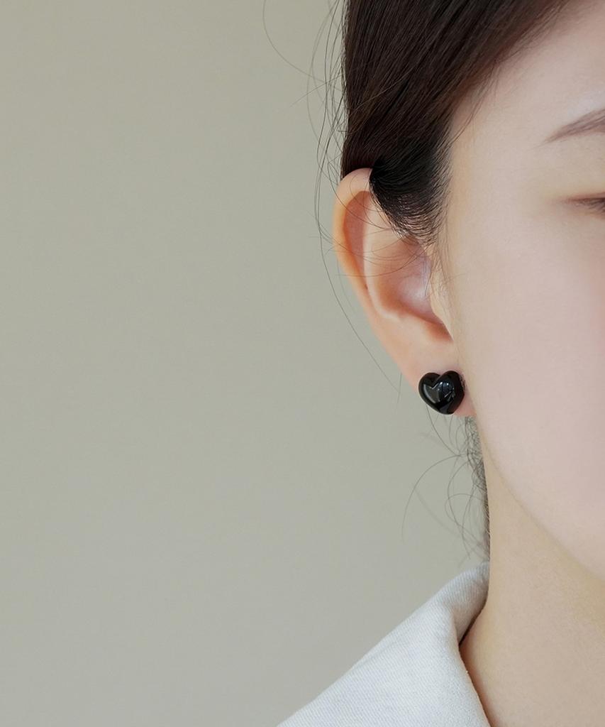 Alleun Silver 925 Chubby Heart Earrings Black Mini Bold