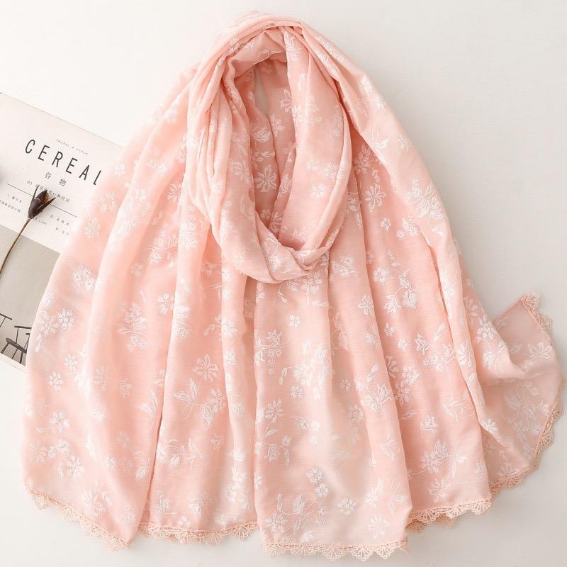 Plain Embroider Floral Viscose Scarf Lace Chain Lady High Quality Shawls And Wraps Pashmina Stole Foulards Muslim Hijab 180*90Cm