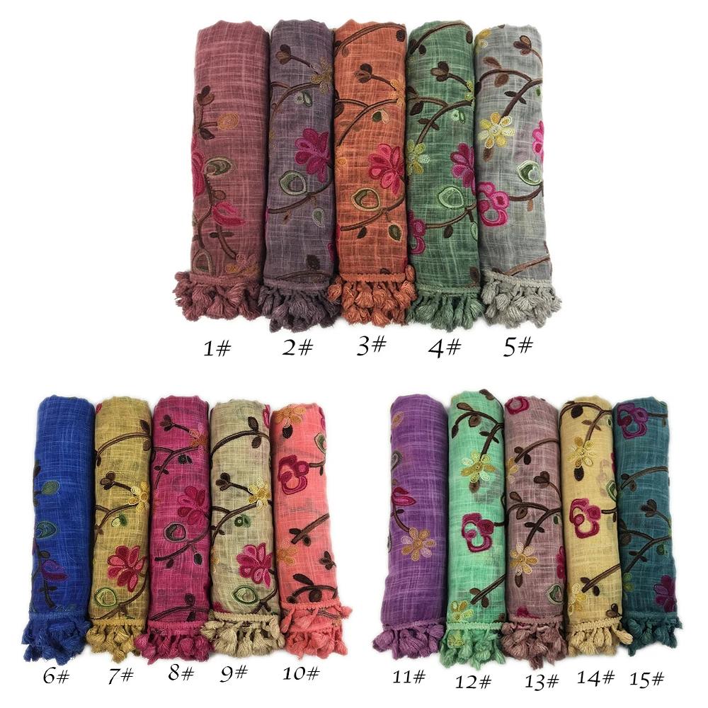 Embroidered Tassel Cotton Hijab for Muslim Women Scarf Floral Shawl Tassel Scarves Woman Large Hijabs Tie-dye Vintage Headscarf