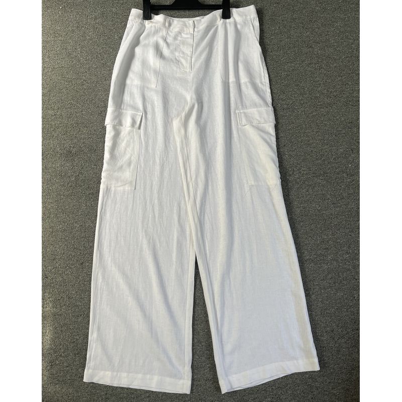 

European Original Order Leftover Stock Large Sizes Availiable Summer Linen Woven Breathable Plaid Side Pocket Ladies Casual Loose Pants White 42