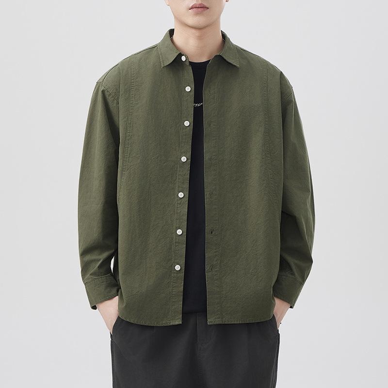 New Japanese Retro Spring Long-sleeved Casual Shirt for Men's Pure Cotton Shirt Solid Color Shirt