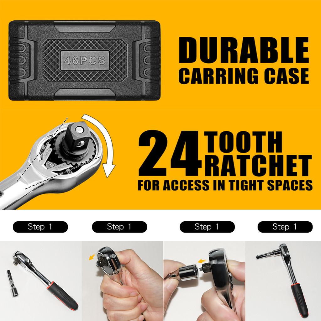 46pcs/set Metric Mechanic Bit Socket Wrench Set Car Repair Accessories Drive Socket Set Ratchet Wrench Set Car Tool Kit  Drive Socket Set