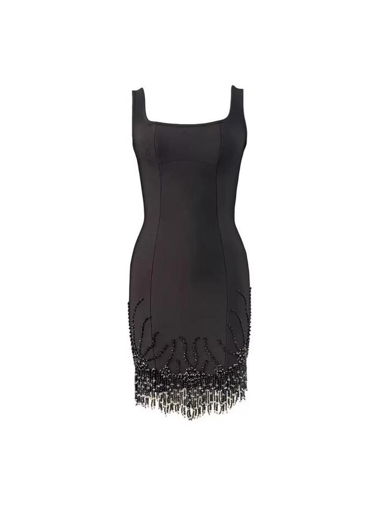Europäisches & Amerikanisches trägerloses Bodycon Fransen Strass Bandage Kleid mit Spaghettiträgern – Elegantes Nachtclub Kleid