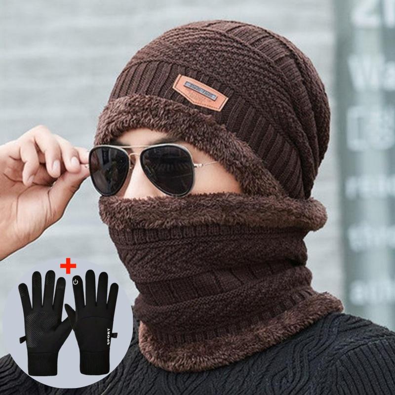 Men's Winter Knitted Beanie Hat, Neck-Warming Scarf, and Touchscreen Glove Set with Wool-Lined Skull Cap