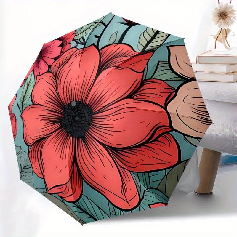 1pc Floral Pattern Automatic Open/close Folding Compact Umbrella, 8-Rib Sturdy Canopy, Lightweight Portable, Everyday Use, Gift, Outdoor Umbrella, Tra